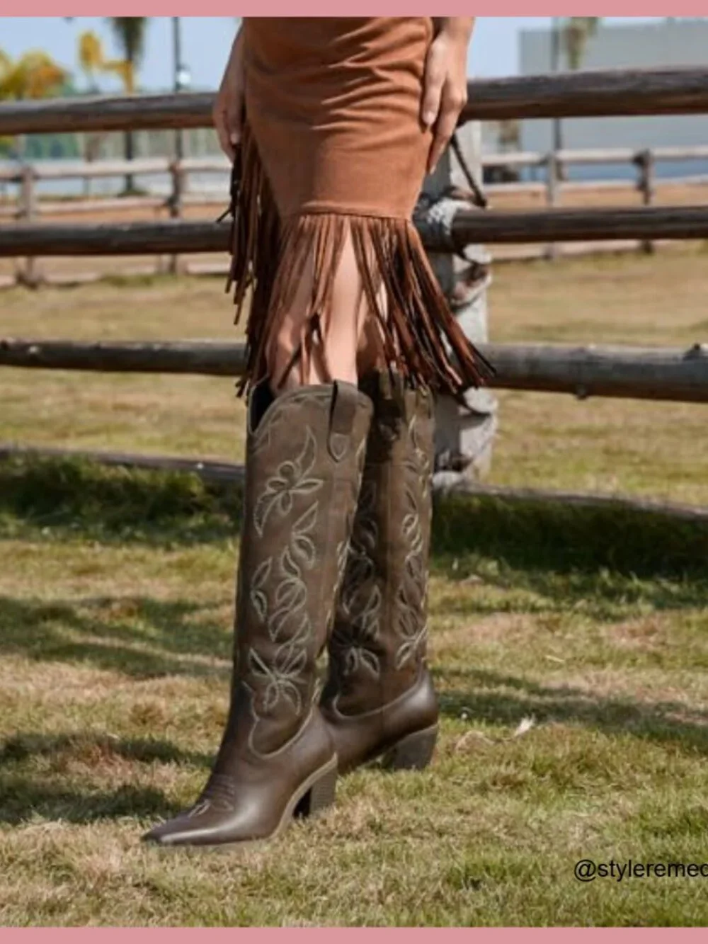 Knee High Western Boots with Chunky Heel, Faux Leather, Pull On Tab - Picture 3 of 7